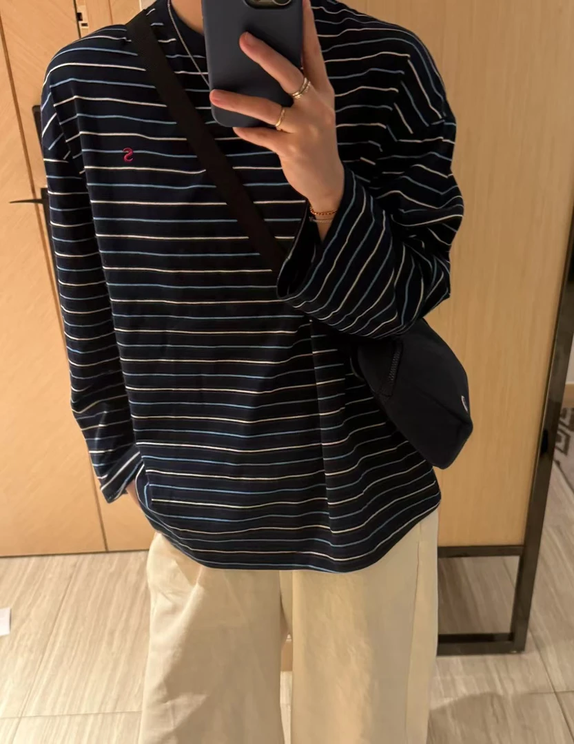 Sevbasks 七七家韩版  藏青小红S刺绣彩色细条圆领休闲薄长袖