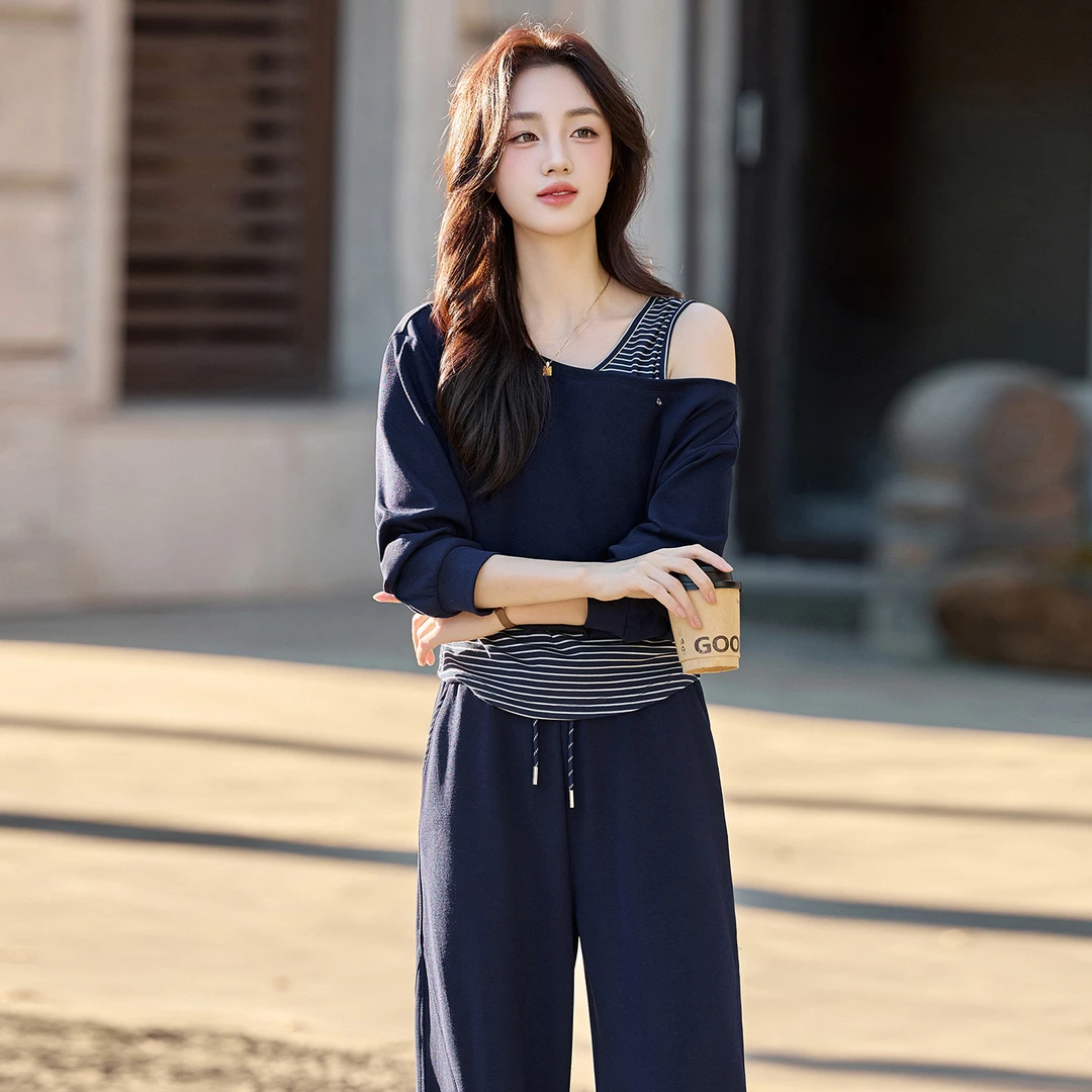 套装女2025秋季新款拼接设计感条纹假两件卫衣阔腿裤两件套LT2675