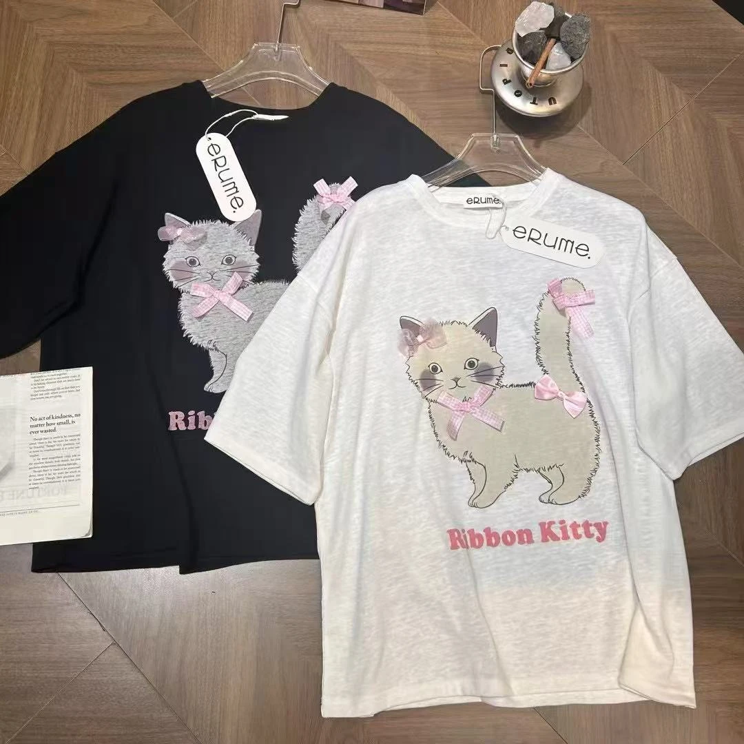 158的小肥 | 韩代麻棉蝴蝶结猫咪T恤