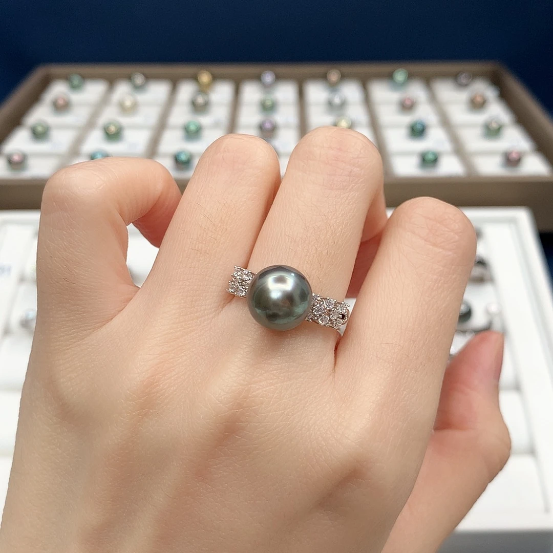 银S925镶嵌戒圈海水珍珠大溪地海岩绿戒指