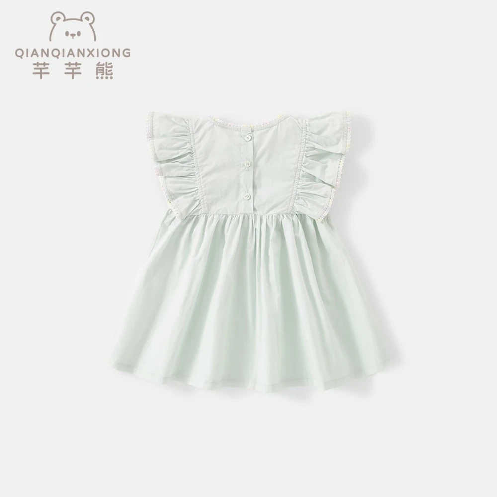 现货【公主驾到】7344纯色女童连衣裙显白薄款飞飞袖裙子