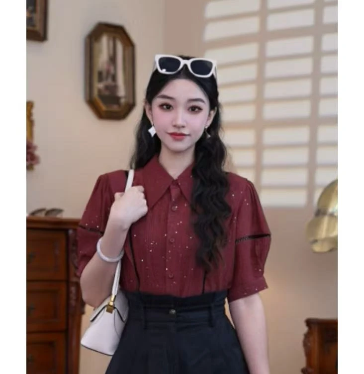 富贵【酒渍梅子】港味复古时尚气质短袖上衣02413