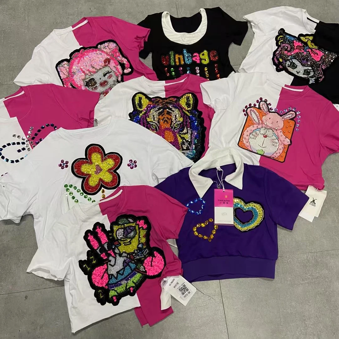欧货潮牌重工钉珠新款百搭短袖T恤上衣 DZ250285