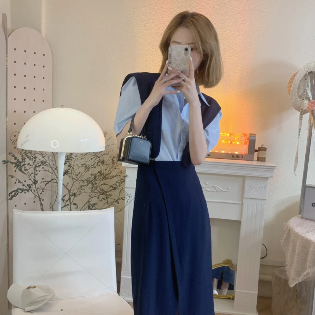 【芝士Cheese】设计披肩衬衫套装气质时尚夏季蓝色高腰女神休闲百搭