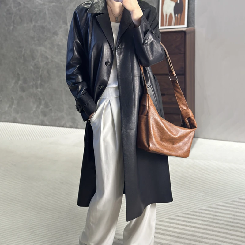 2025年秋新款进口荔枝纹山羊皮风衣女士过膝长款海宁真皮皮衣外套