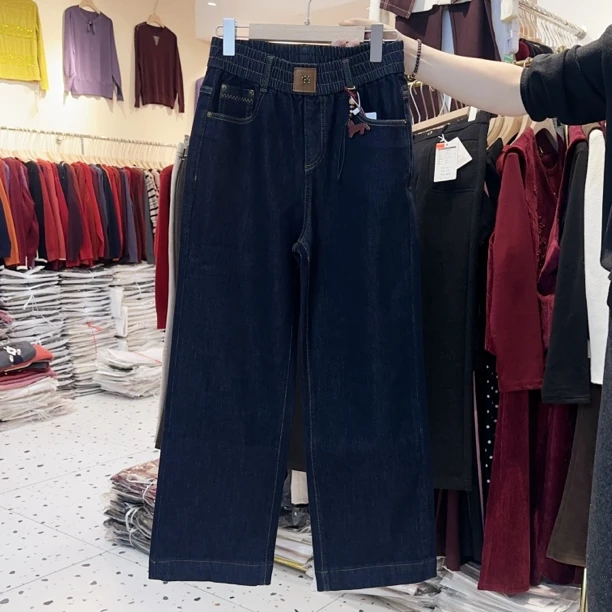 2025新款加厚加绒气质妈妈裤弹性直筒牛仔时装裤秋冬款