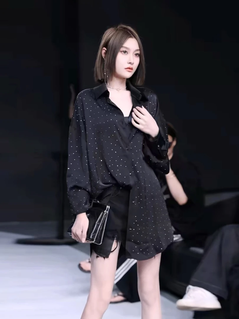 6569欧货2025春款新款重工亮钻中长款衬衫女宽松大版衬衣