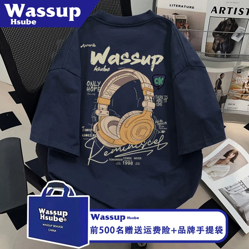 WASSUP HSUBE潮流耳机印花男女半袖ins夏季小众T恤藏青色纯棉短袖