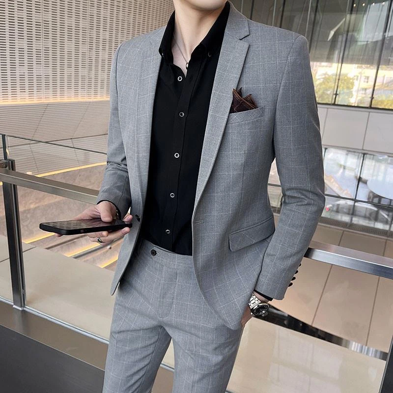 西服套装男士韩版修身商务休闲免烫高级感新郎结婚礼服西装两件套