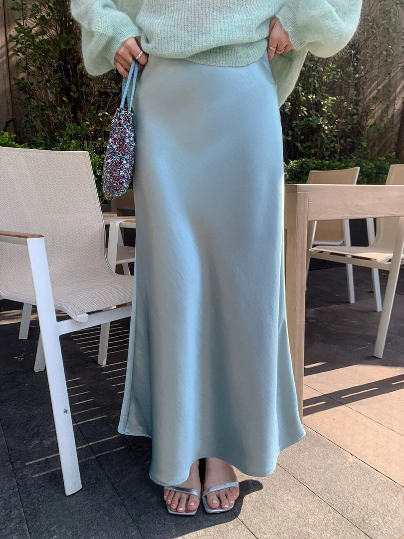 高腰拉链百搭醋酸光泽缎面鱼尾下摆优雅通勤半身长裙