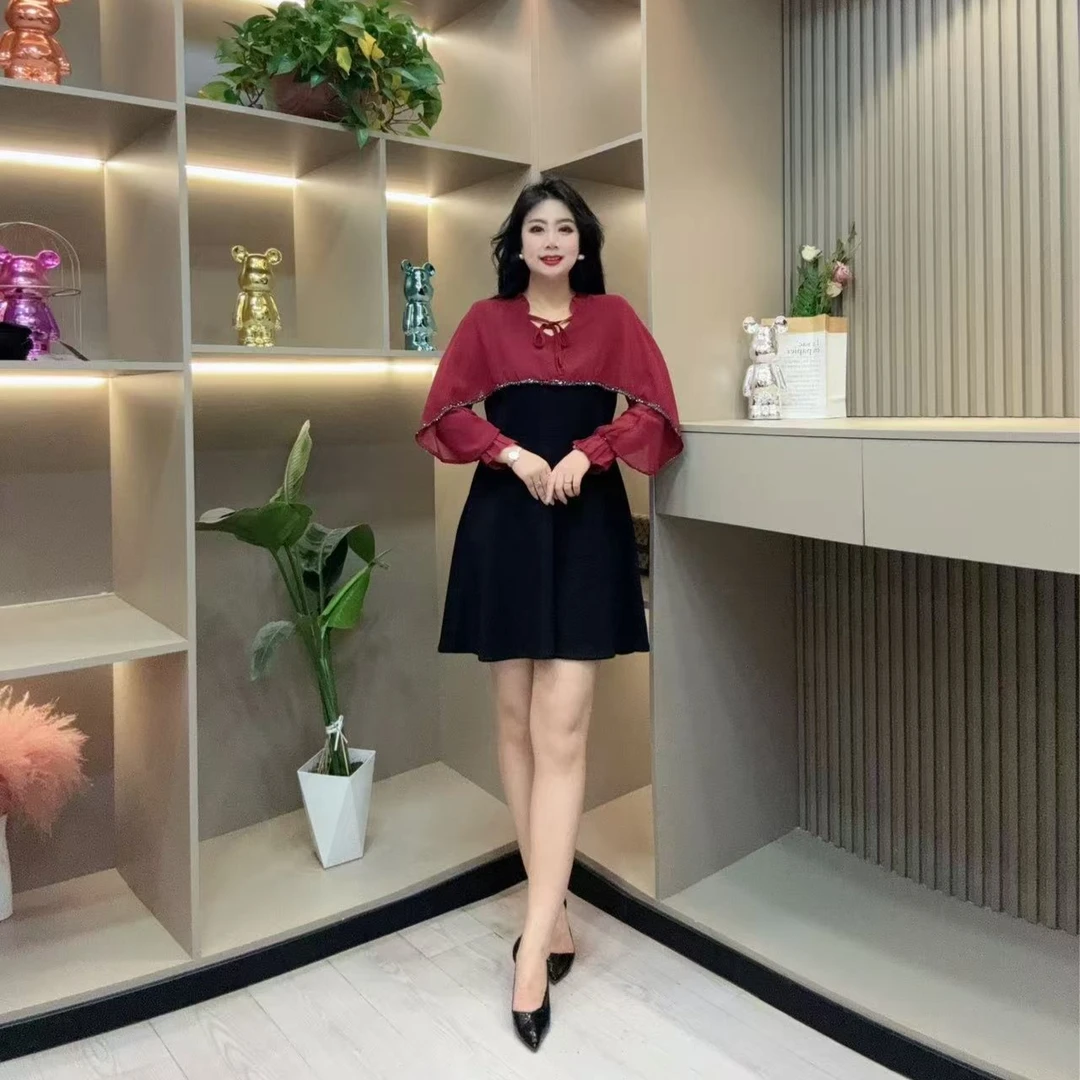 春季连衣裙-檬 9251时尚潮流披肩亮片边系绳领款胖MM大码女装新款