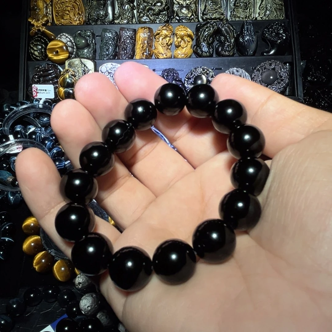 未镶嵌黑曜岩手链没*气天然乌金黑曜石14mm