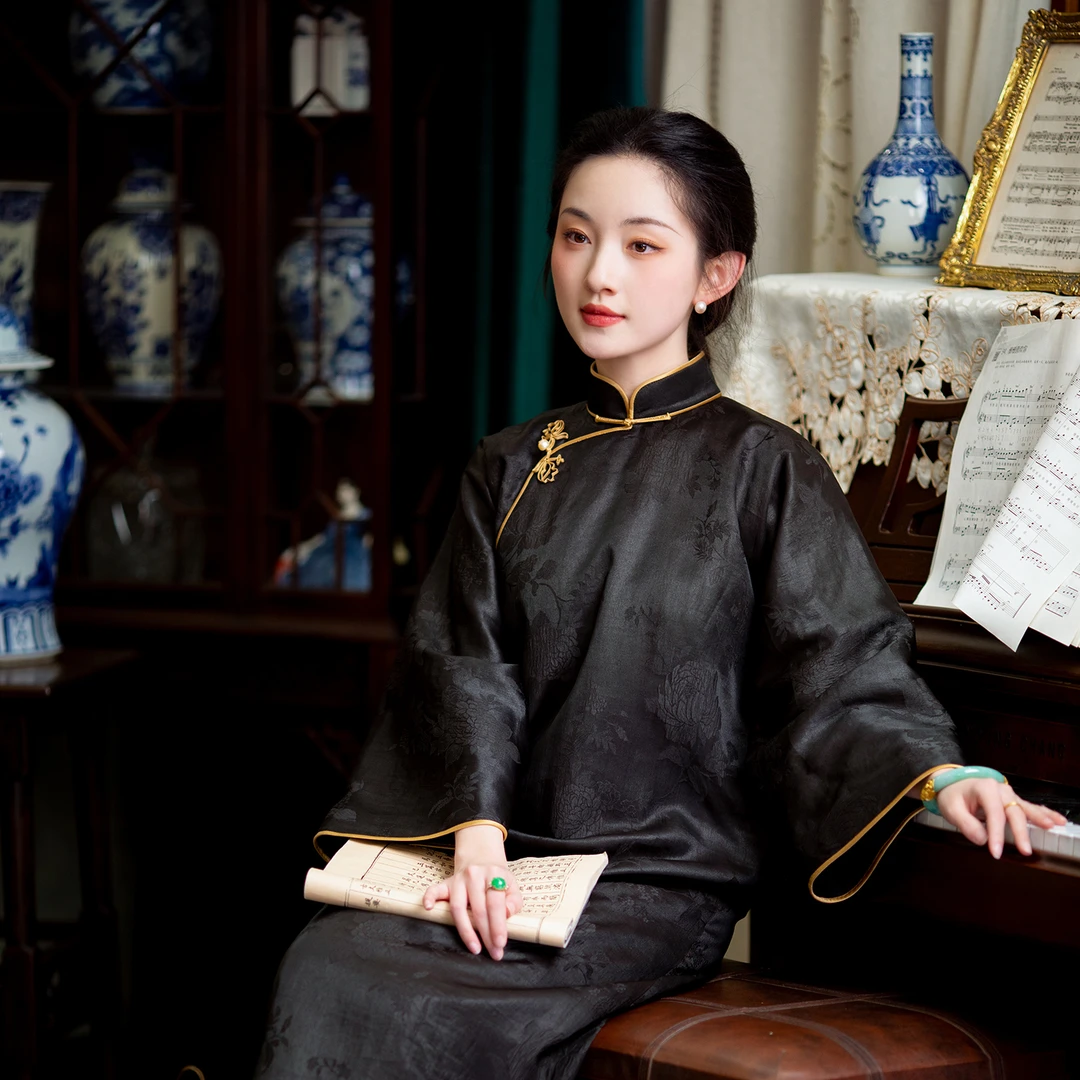 清风润月丨一城风絮丨春秋真丝红云纱倒大袖盘扣民国风夹棉旗袍裙