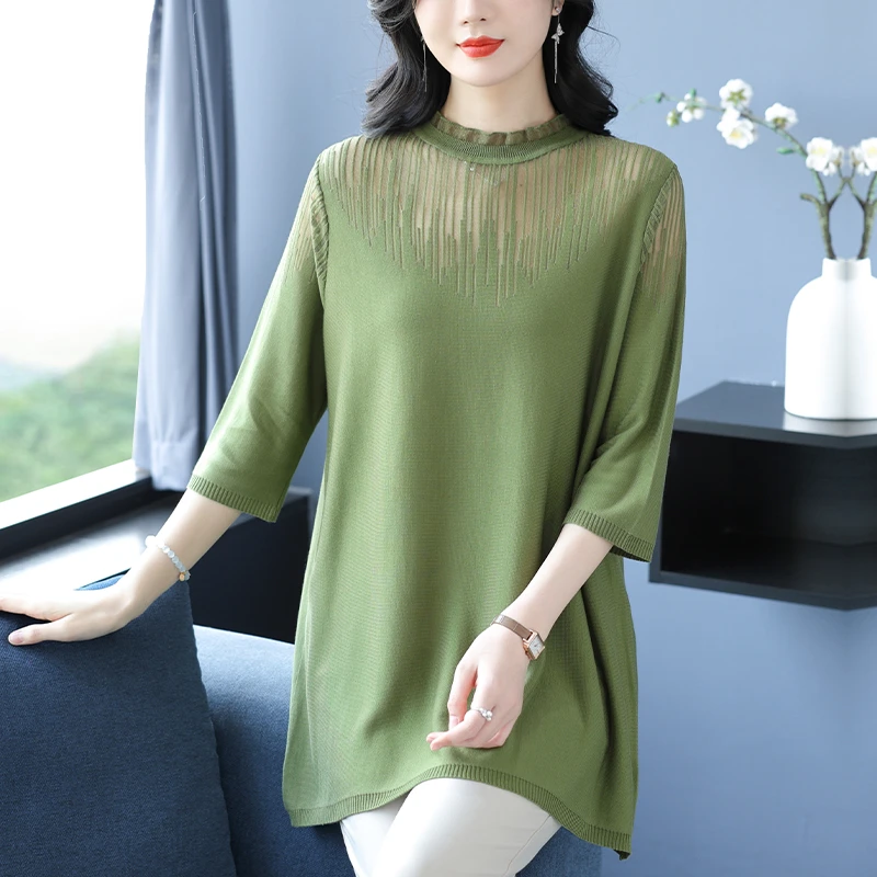 蕾丝打底衫女春秋大码七分袖针织上衣遮肚显瘦夏季薄款中长款T恤