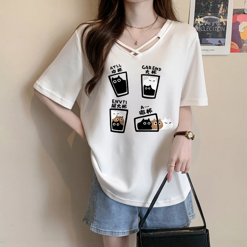 正肩趣味卡通短袖T恤女夏季新款韩版宽松小众小个子纯棉上衣ins潮