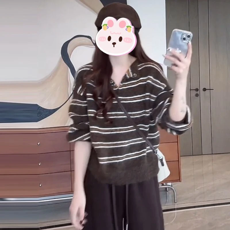 复古慵懒风宽松显瘦条纹针织衫女2025秋季新款休闲百搭套头毛衣