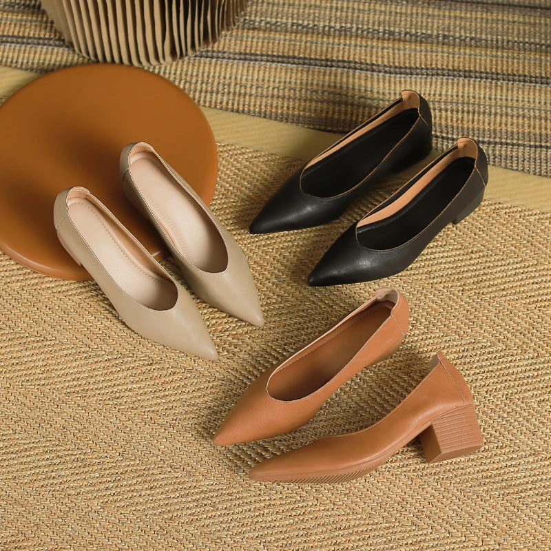 羊皮粗跟奶奶鞋复古风尖头浅口单鞋女低跟春夏通勤时尚女鞋不累脚