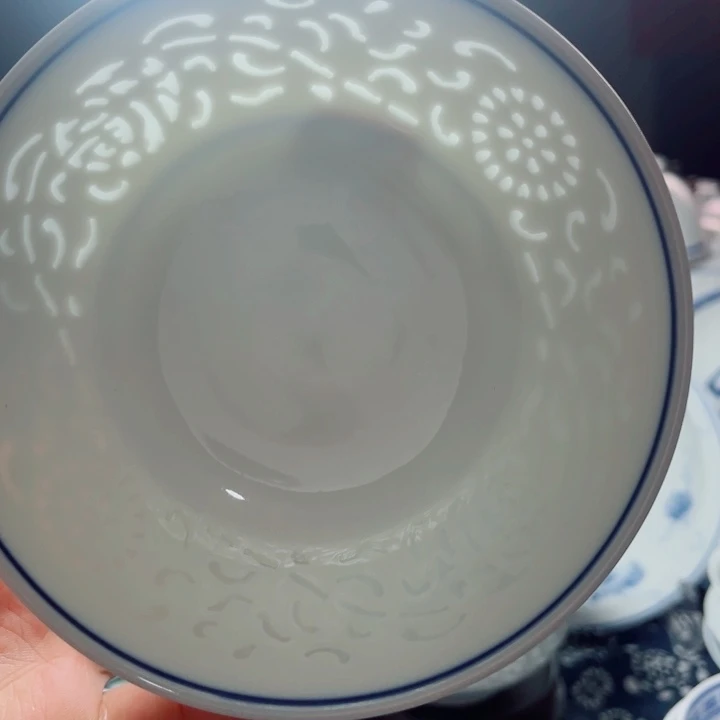 青花玲珑5寸饭碗满雕双福双线