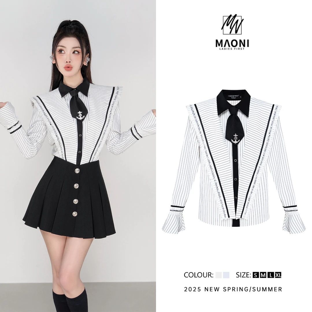 毛妮Peshe【拼接条纹衬衫】蕾丝花边可拆卸披肩配领带2025春L1249