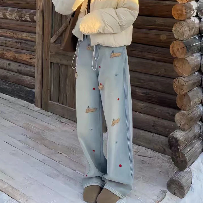 2024新款刺绣小狗牛仔裤女冬季浅色加绒加厚宽松显瘦百搭阔腿裤