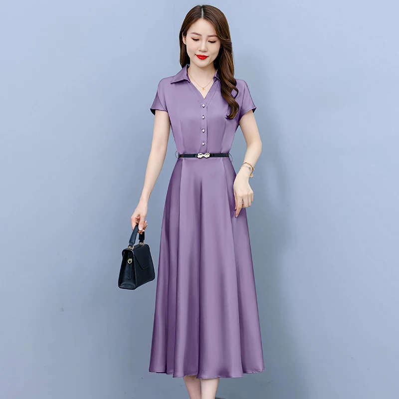 高档真丝短袖连衣裙2025新款夏季长款收腰显瘦洋气妈妈大摆长裙子