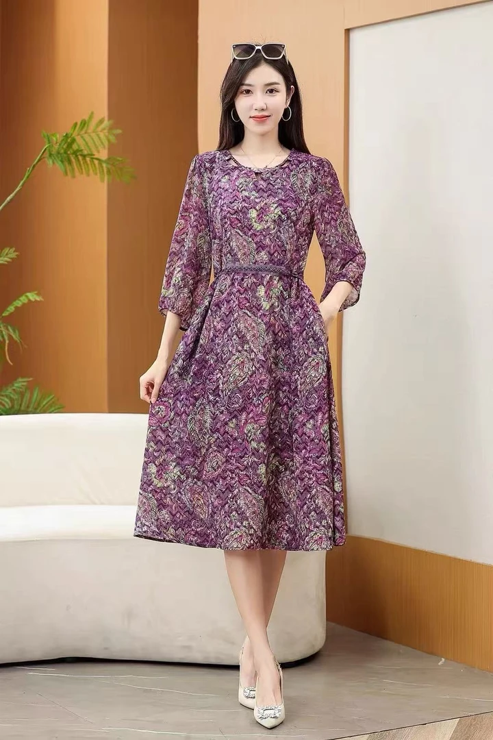 时尚气质连衣裙高级感轻奢中长裙女收腰显瘦碎花裙子2-210