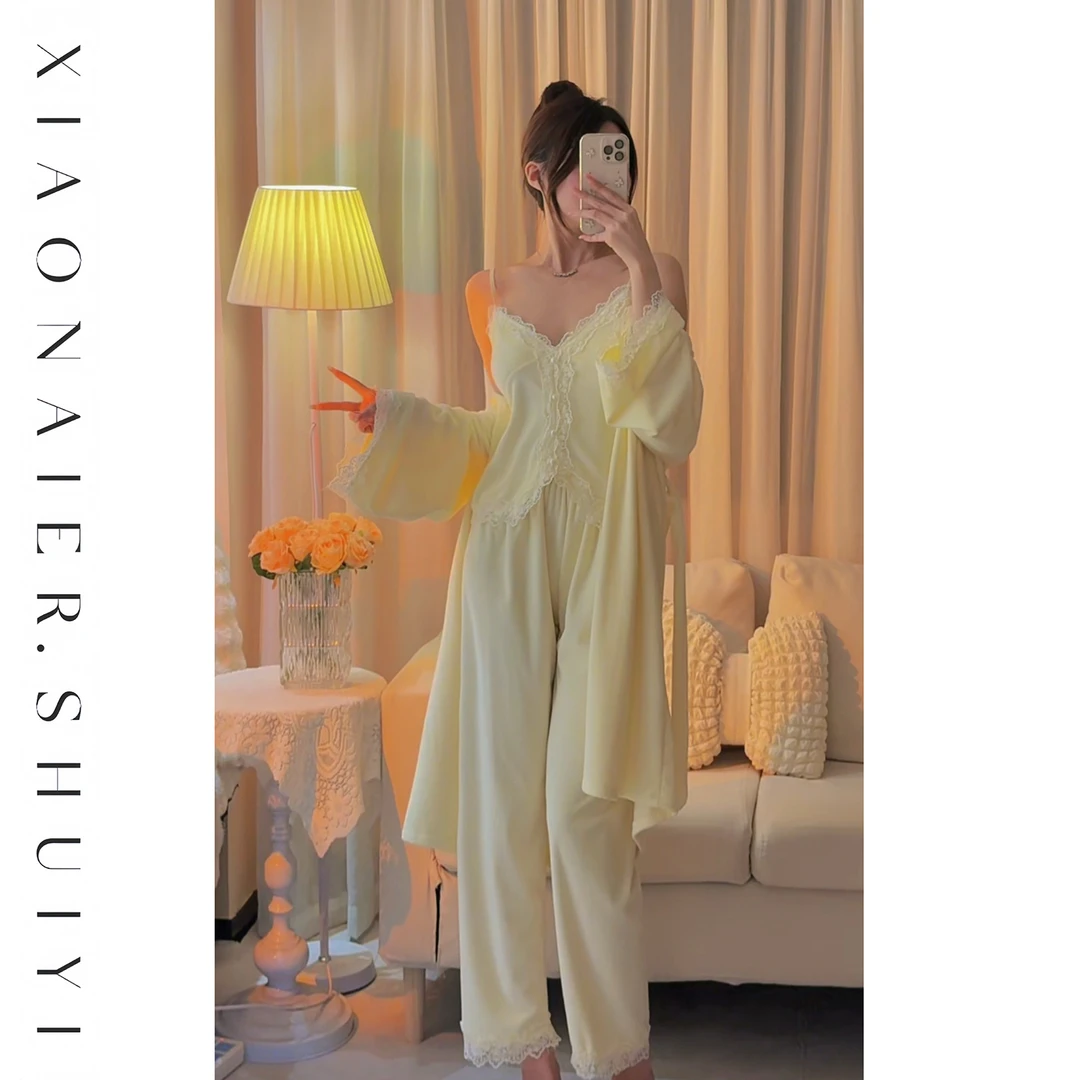 【法式氛围】秋冬海岛绒长袖长裤三件套显瘦气质可外穿套装