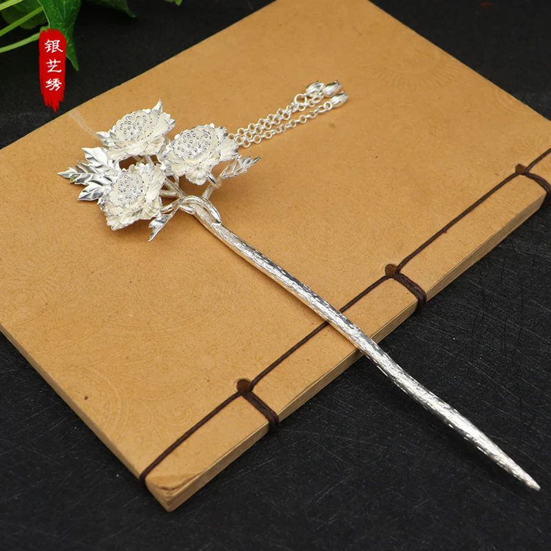 足银银制品 纯手工定制款非遗芍药花发簪新中式盘发步摇头簪