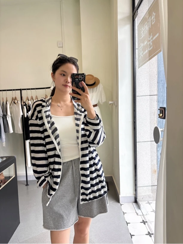 超薄韩系落肩袖条纹连帽防晒衣拉链外套宽松帽衫运动