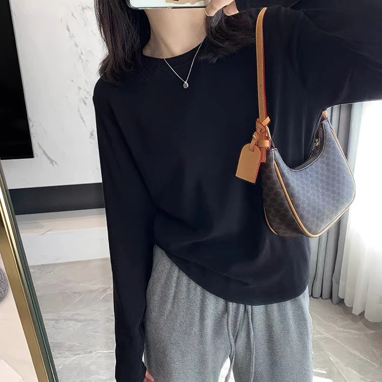 韩版美式正肩甜美减龄长袖t恤女圆领收腰修身显瘦打底衫秋冬上衣