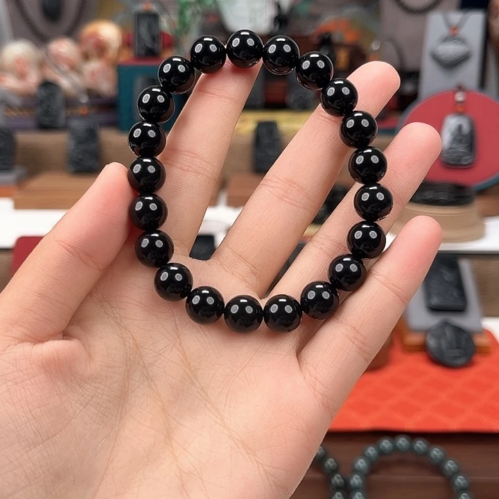 和田玉未镶嵌手链卡10圆珠羊脂级98墨