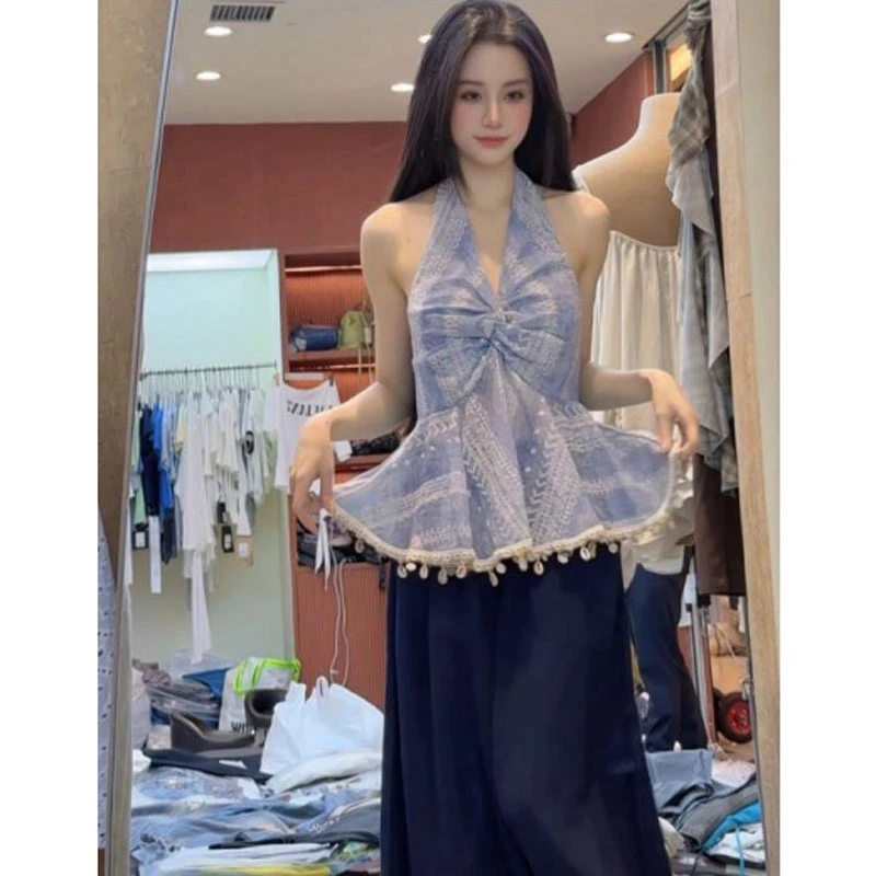 parkyeon韩系度假风浅蓝色挂脖吊带背心上衣搭配休闲阔腿裤套装