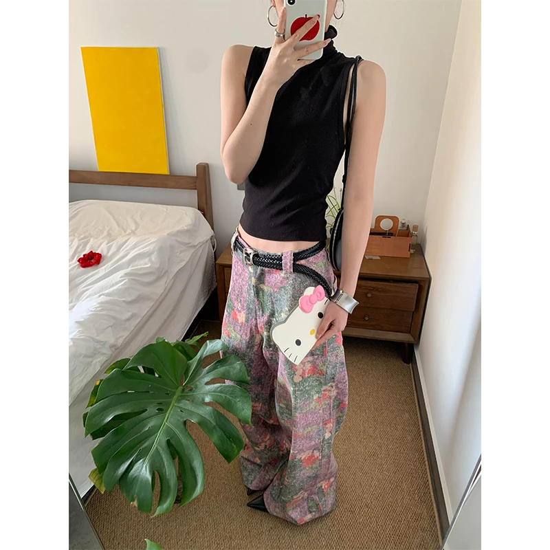 辣妹复古无袖高领显瘦百搭背心T恤上衣小众设计感碎花休闲阔腿裤