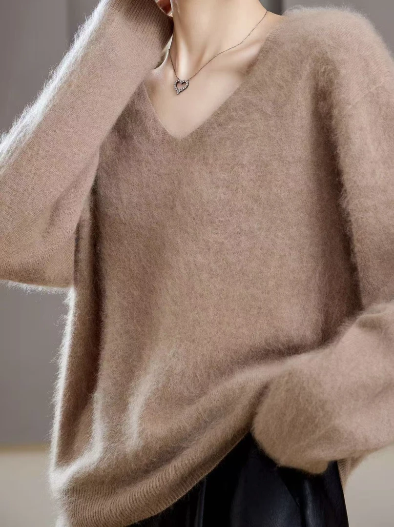 【羊绒羊毛拉绒】一线成衣山羊绒V领拉绒毛衣女款爆款2025红色毛衣