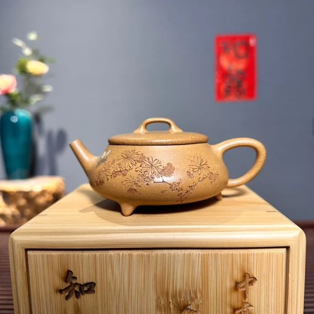 文人黄段泥泥全手工石瓢壶  ～120cc家用茶壶花鸟刻绘