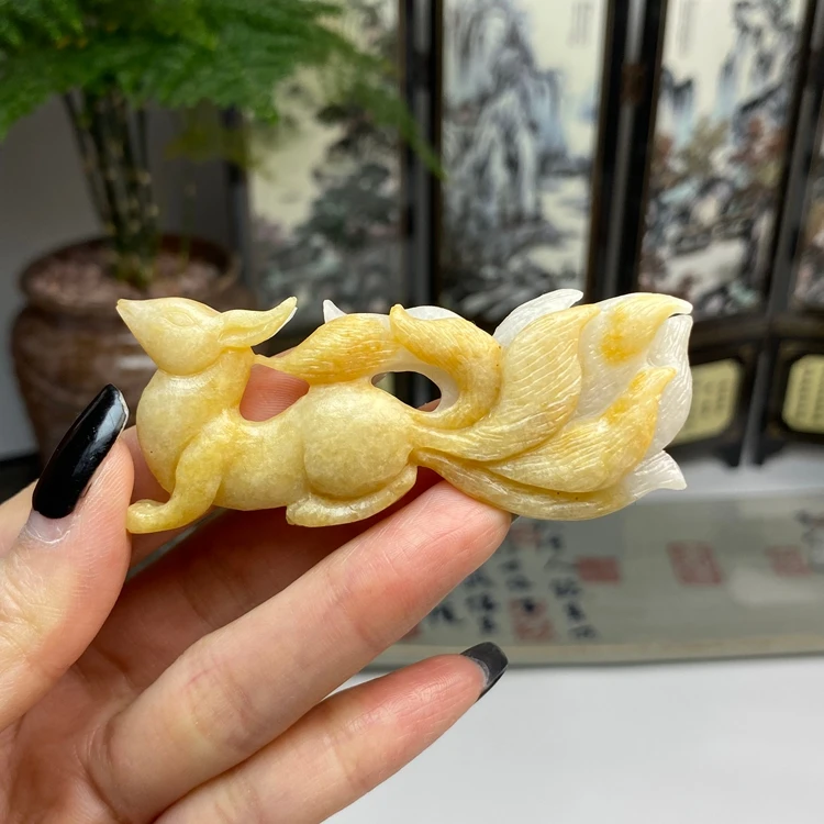 毛货 黄翡九尾狐仙挂件摆件   天然翡翠A货