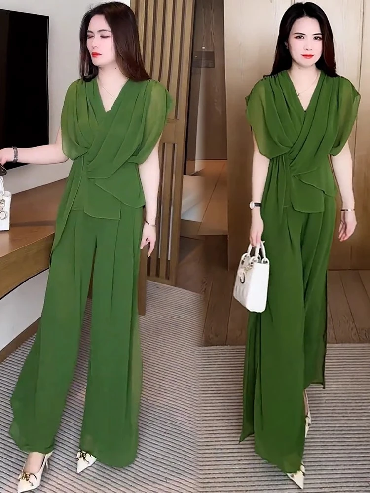 时尚套装女2025夏季新款洋气减龄显瘦百搭短袖上衣阔腿裤两件套潮