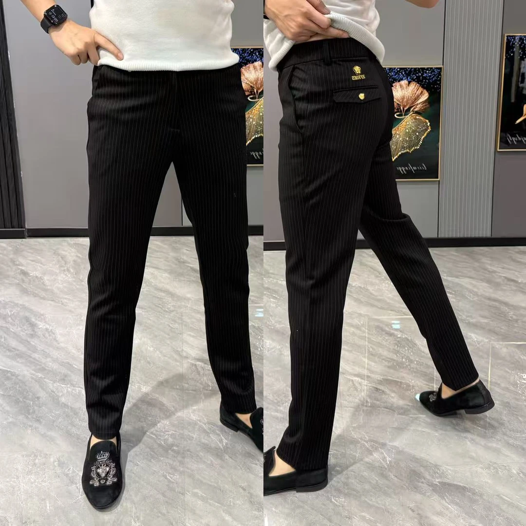 男士休闲裤商务轻奢条纹男裤冬季新款百搭小直筒裤高品质西裤男款
