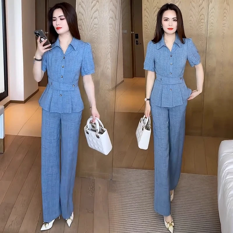 职业时尚套装2025夏季新款阔太太妈妈装洋气减龄显瘦直筒裤两件套