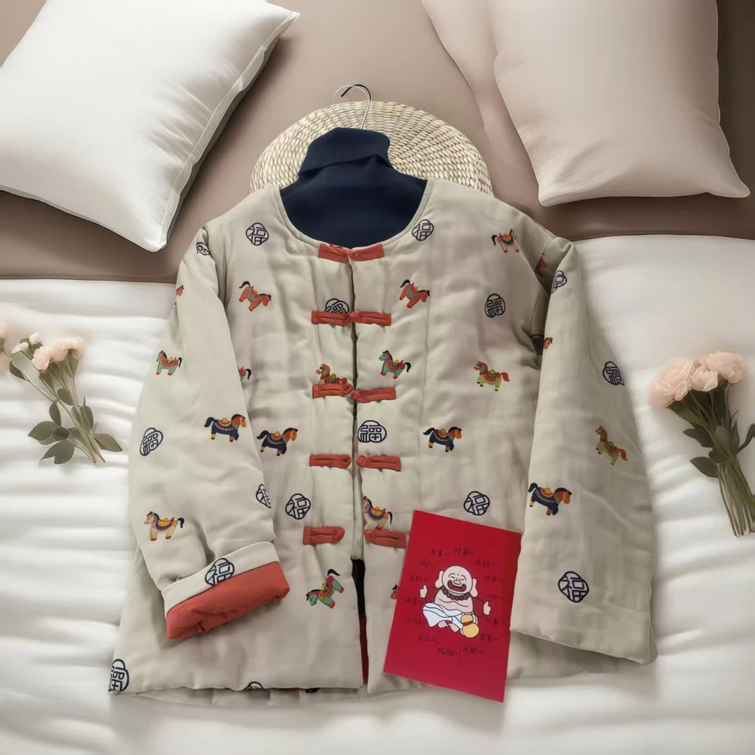 中等厚保暖印花不褪色棉服棉衣棉袄上衣外套中国风纯棉落肩款长袖