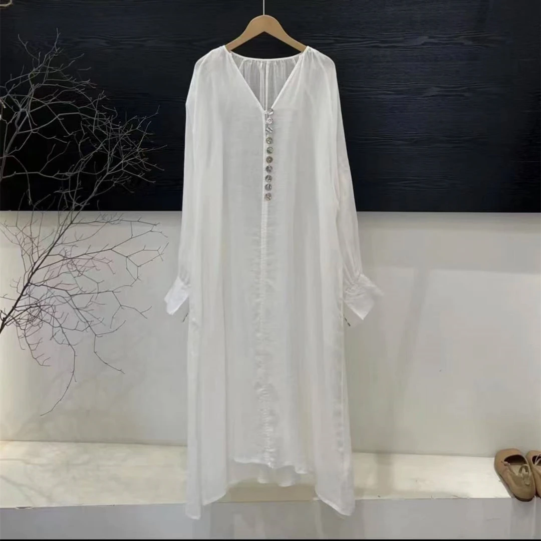 小众百搭休闲苎麻简约文艺风贝壳扣宽松连衣裙