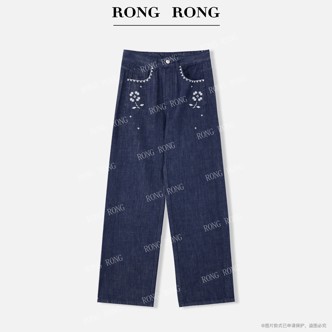 溶溶【流云笙花】RONGRONG 醋酸莱赛尔混纺刺绣简约直筒牛仔裤L430