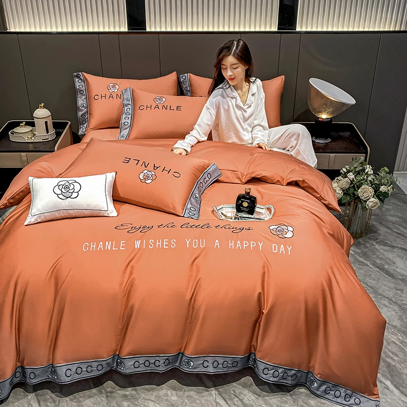 新款纯棉长绒棉四件套全棉纯棉简约印花绣花高档轻奢