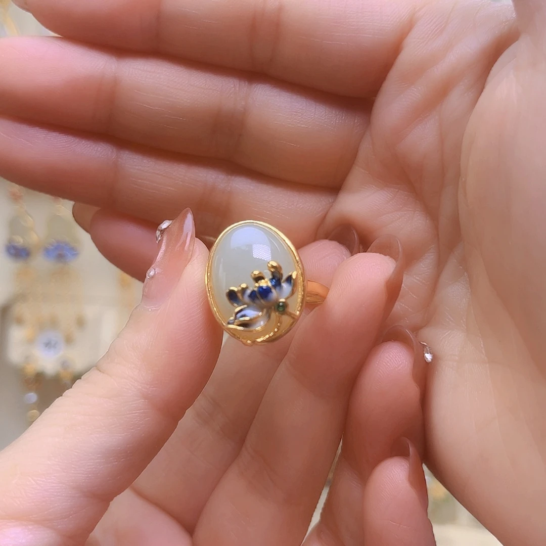 和田玉银S925镀金镶嵌戒指