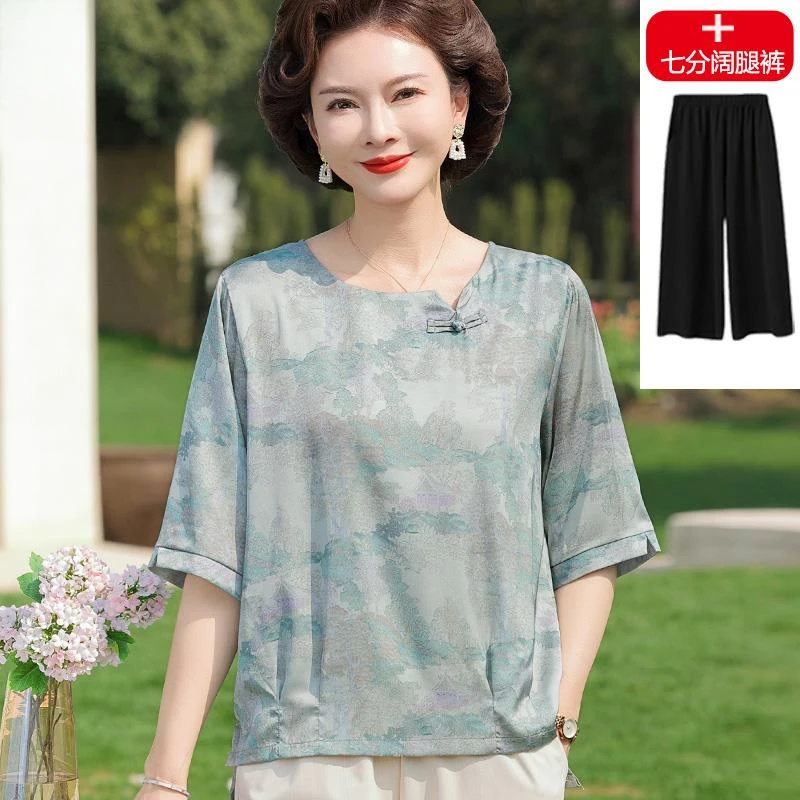 恒源祥彩羊小个子妈妈夏装短袖T恤小衫2025新款中老年女装国风上