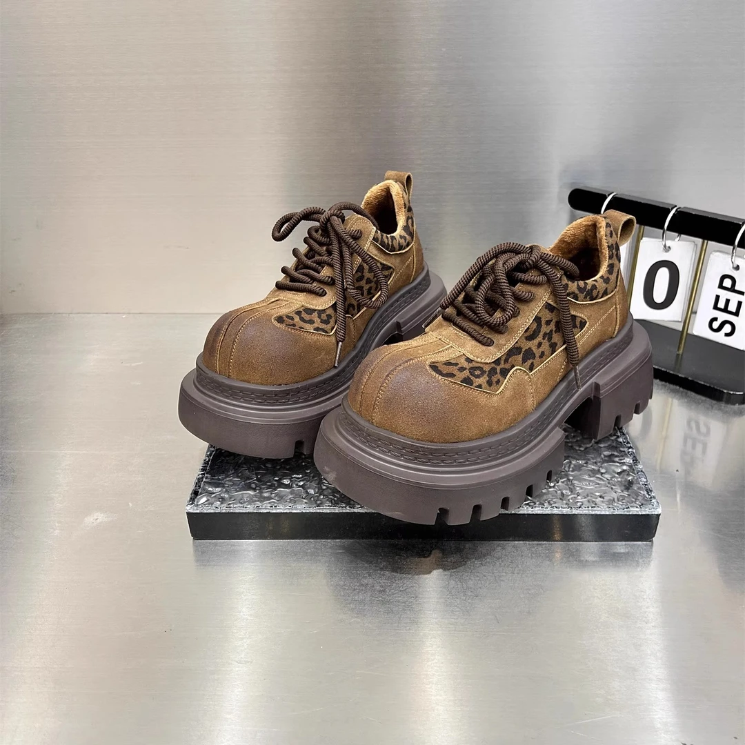 厚底豹纹乐福鞋女2025新款冬季加绒保暖小个子增高显脚小休闲棉鞋