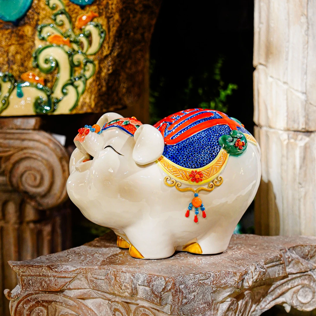【本尼家】非遗手工石湾陶瓷《八方来财》开心猪中式家居装饰玄关摆件