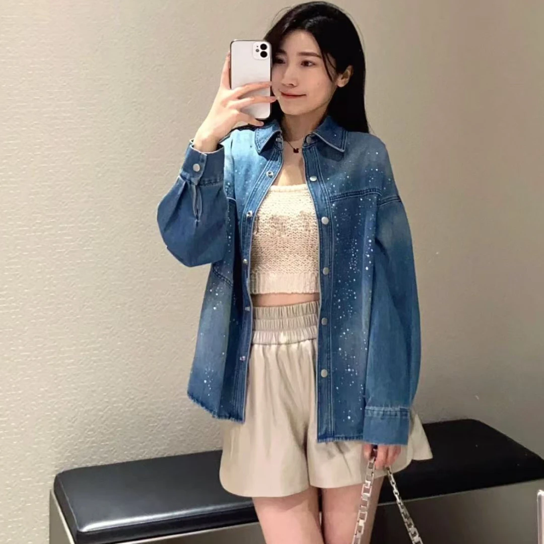 复古法式轻奢星空烫钻不规则设计牛仔衬衫外套