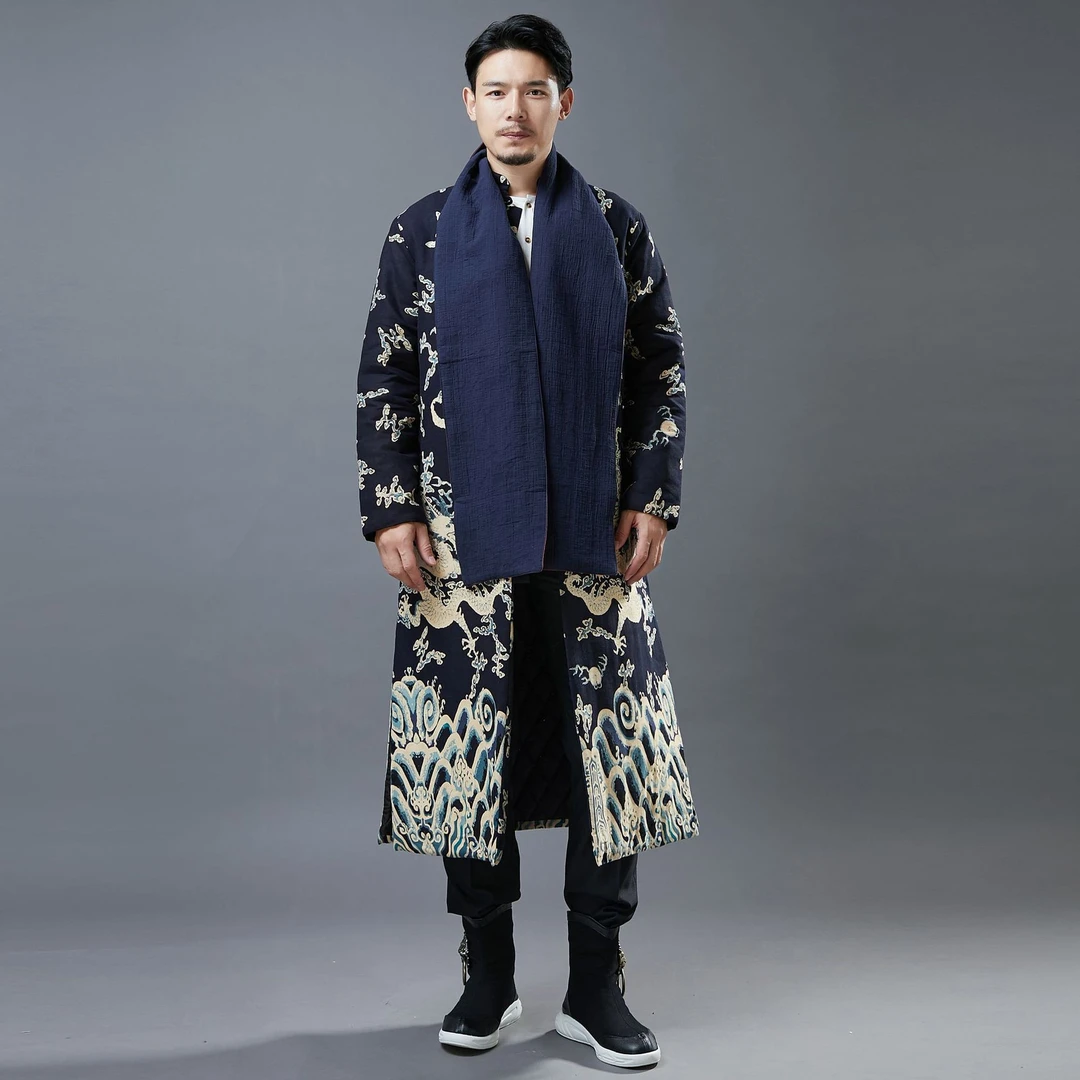 中国风长款棉袄男中式棉袍龙纹对襟复古棉衣盘扣汉服过膝唐装外套