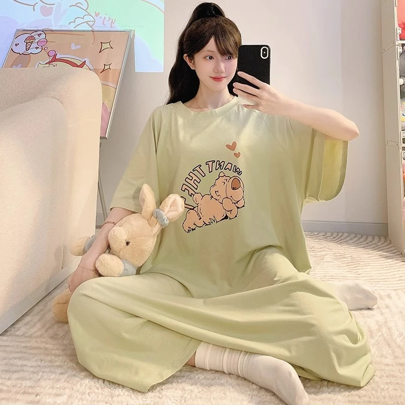 睡裙女夏季短袖纯棉加肥大码胖mm300斤卡通超宽松中长款孕妇睡衣
